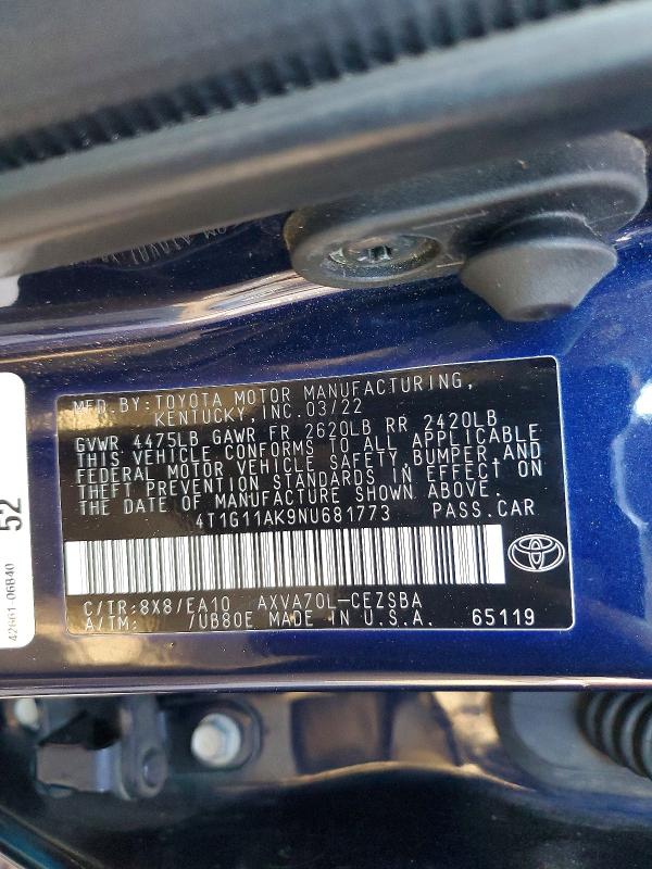 Продажа на аукционе авто 2022 Toyota Camry, vin: 4T1G11AK9NU681773, номер лота: 75307545