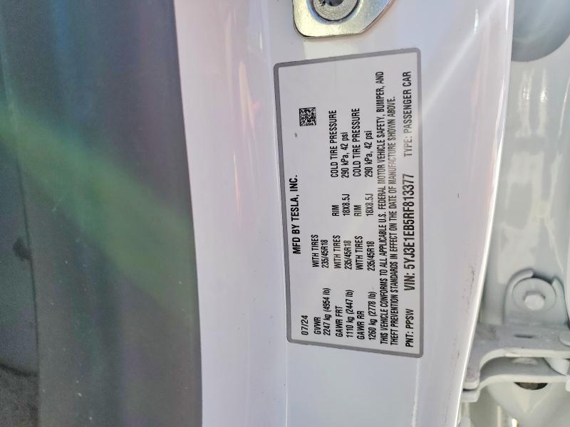75067665 :رقم المزاد ، 5YJ3E1EB5RF813377 vin ، 2024 Tesla Model 3 مزاد بيع