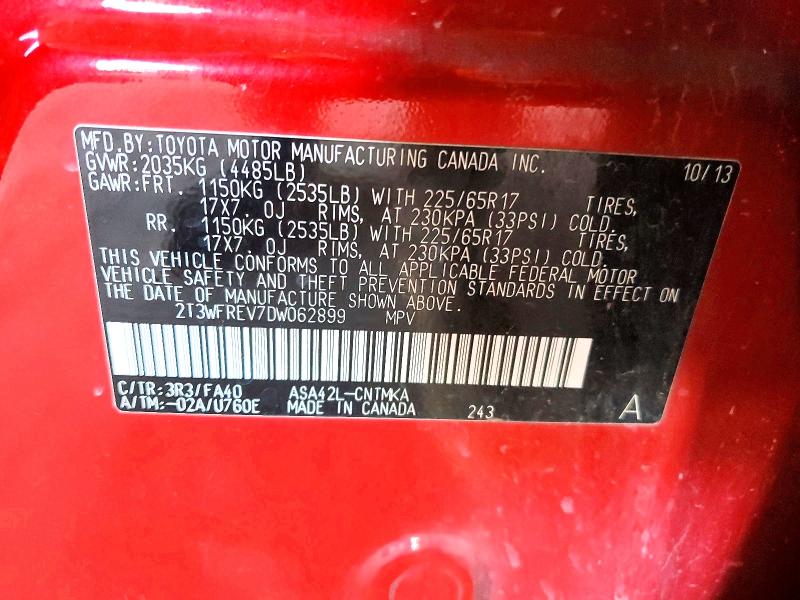 Aukcja sprzedaży 2013 Toyota Rav4, vin: 2T3WFREV7DW062899, numer aukcji: 72456455