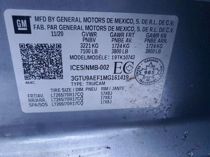 2021 Gmc Sierra მანქანა იყიდება აუქციონზე, vin: 3GTU9AEF1MG161419, აუქციონის ნომერი: 99180255