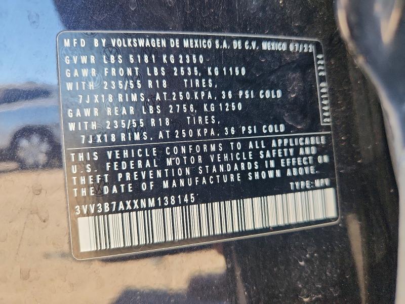 Aukcja sprzedaży 2022 Volkswagen Tiguan, vin: 3VV3B7AXXNM138145, numer aukcji: 73244825