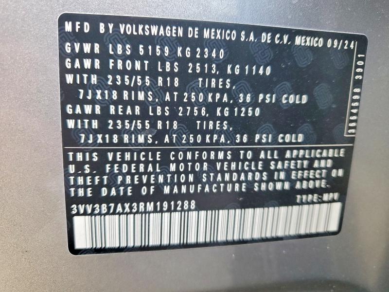 2024 Volkswagen Tiguan მანქანა იყიდება აუქციონზე, vin: 3VV3B7AX3RM191288, აუქციონის ნომერი: 74053035