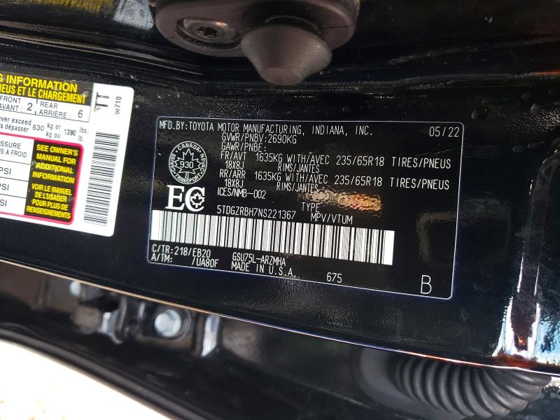 Aukcja sprzedaży 2022 Toyota Highlander, vin: 5TDGZRBH7NS221367, numer aukcji: 99375675