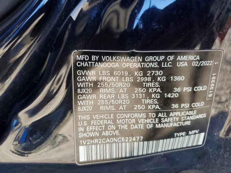 Продаж на аукціоні авто 2022 Volkswagen Atlas, vin: 1V2HR2CA0NC522477, номер лоту: 74152095