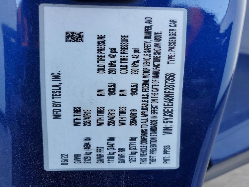 74829465 :رقم المزاد ، 5YJ3E1EA8NF287358 vin ، 2022 Tesla Model 3 مزاد بيع