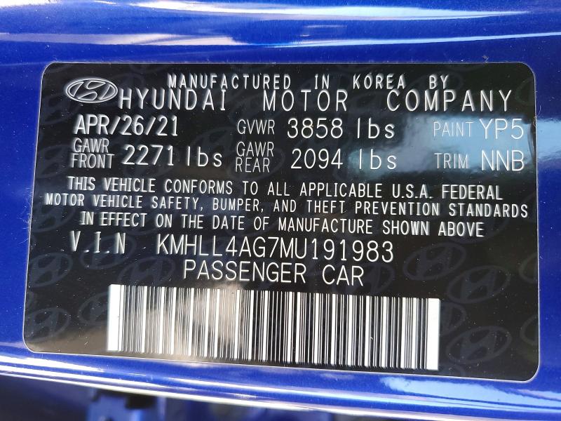 Продаж на аукціоні авто 2021 Hyundai Elantra, vin: KMHLL4AG7MU191983, номер лоту: 75157525