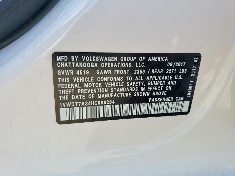 2017 Volkswagen Passat მანქანა იყიდება აუქციონზე, vin: 1VWDT7A34HC086284, აუქციონის ნომერი: 99463845