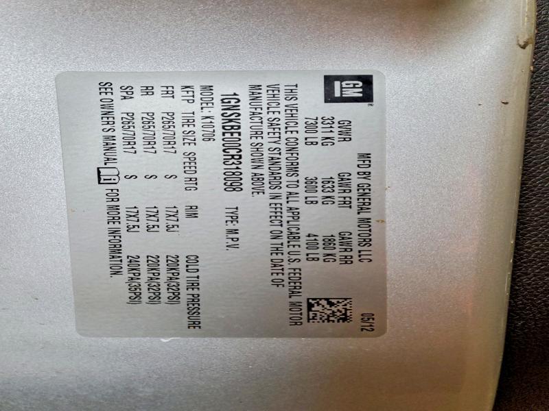 Aukcja sprzedaży 2012 Chevrolet Tahoe, vin: 1GNSKBE00CR318098, numer aukcji: 74337255