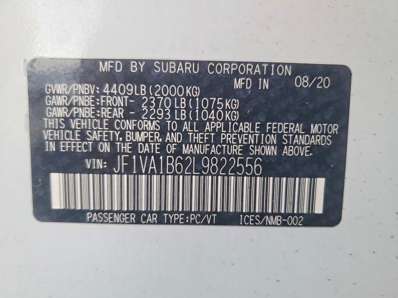 99278055 :رقم المزاد ، JF1VA1B62L9822556 vin ، 2020 Subaru Wrx مزاد بيع