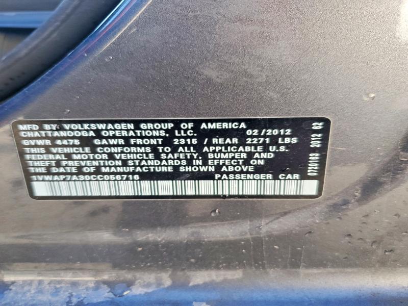Продаж на аукціоні авто 2012 Volkswagen Passat, vin: 1VWAP7A30CC056716, номер лоту: 99385305