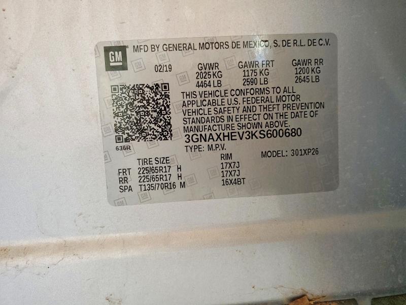 2019 Chevrolet Equinox Ls მანქანა იყიდება აუქციონზე, vin: 3GNAXHEV3KS600680, აუქციონის ნომერი: 99484305