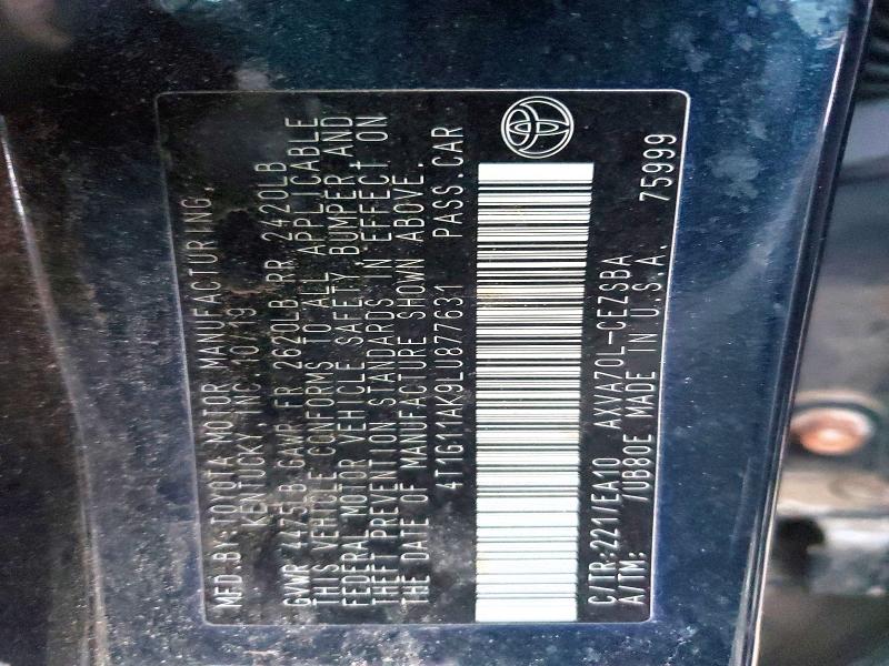 2020 Toyota Camry მანქანა იყიდება აუქციონზე, vin: 4T1G11AK9LU877631, აუქციონის ნომერი: 99421445
