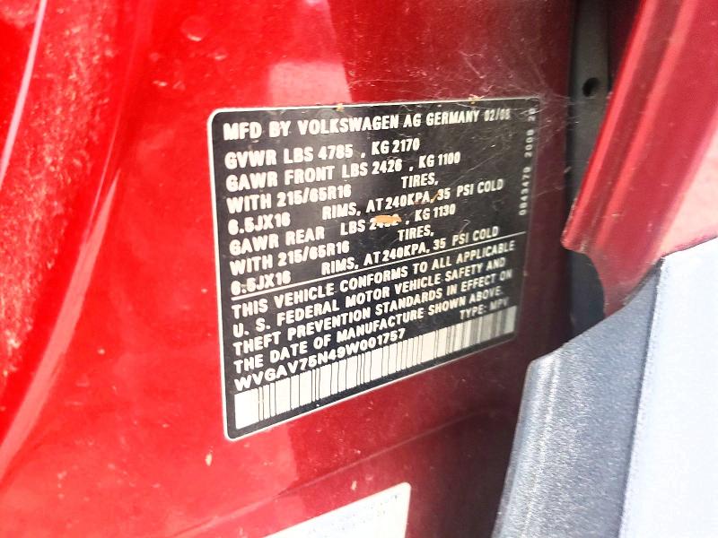 2009 Volkswagen Tiguan მანქანა იყიდება აუქციონზე, vin: WVGAV75N49W001757, აუქციონის ნომერი: 98203105