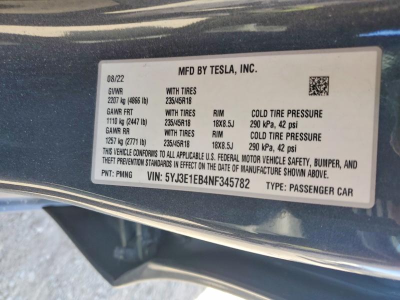 Продаж на аукціоні авто 2022 Tesla Model 3, vin: 5YJ3E1EB4NF345782, номер лоту: 74901125