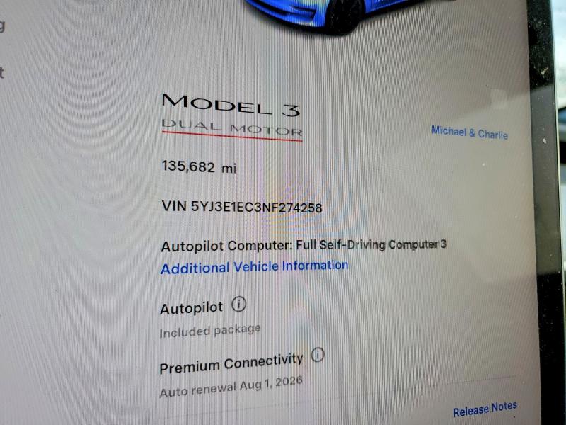 Продаж на аукціоні авто 2022 Tesla Model 3, vin: 5YJ3E1EC3NF274258, номер лоту: 97586565