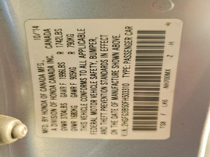 75636115 :رقم المزاد ، 2HGFG3B50FH503310 vin ، 2015 Honda Civic مزاد بيع