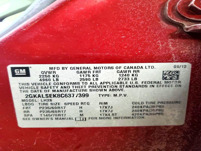2012 Gmc Terrain მანქანა იყიდება აუქციონზე, vin: 2GKALSEK8C6377399, აუქციონის ნომერი: 73949045