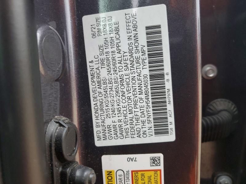 72409365 :رقم المزاد ، 5FNYF5H54MB045030 vin ، 2021 Honda Pilot مزاد بيع
