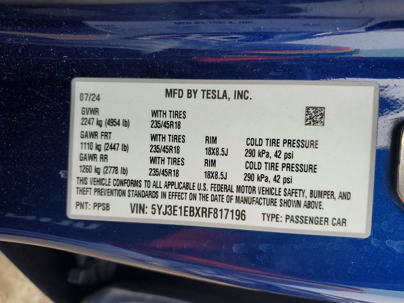 Продажа на аукционе авто 2024 Tesla Model 3, vin: 5YJ3E1EBXRF817196, номер лота: 73096865