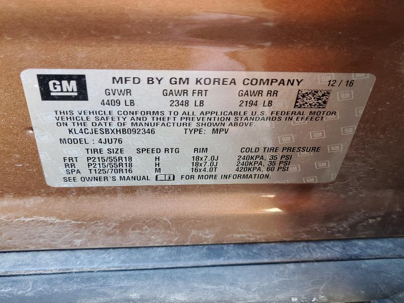 Продаж на аукціоні авто 2017 Buick Encore, vin: KL4CJESBXHB092346, номер лоту: 74895575