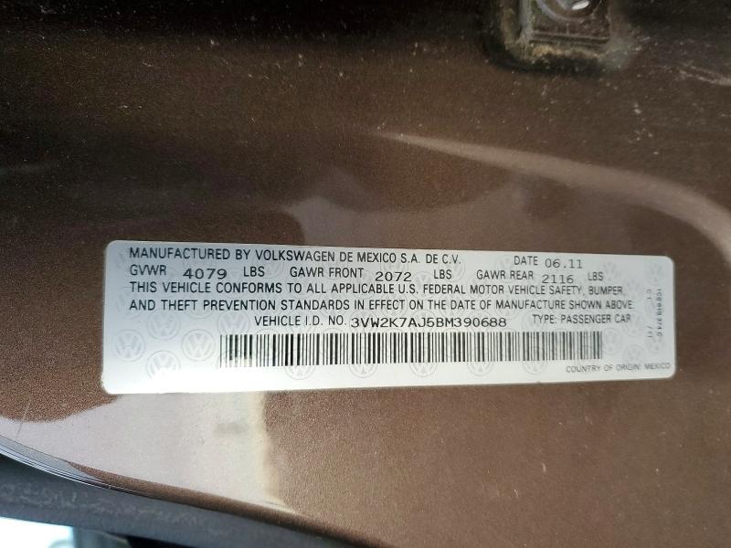 74087095 :رقم المزاد ، 3VW2K7AJ5BM390688 vin ، 2011 Volkswagen Jetta مزاد بيع