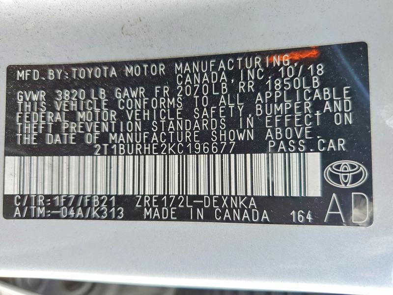 72371795 :رقم المزاد ، 2T1BURHE2KC196677 vin ، 2019 Toyota Corolla مزاد بيع
