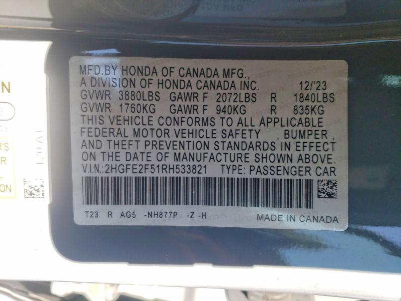 73883775 :رقم المزاد ، 2HGFE2F51RH533821 vin ، 2024 Honda Civic مزاد بيع