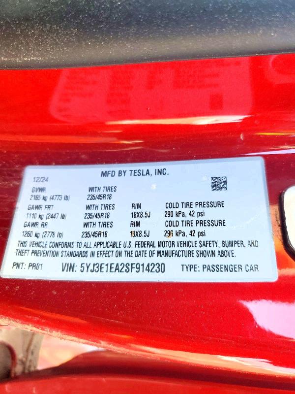 73035005 :رقم المزاد ، 5YJ3E1EA2SF914230 vin ، 2025 Tesla Model 3 مزاد بيع