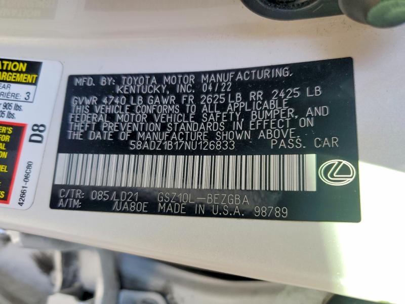 Продажа на аукционе авто 2022 Lexus Es, vin: 58ADZ1B17NU126833, номер лота: 74590545