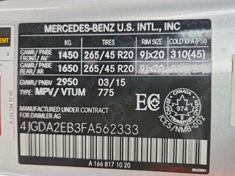 2015 Mercedes-benz Ml მანქანა იყიდება აუქციონზე, vin: 4JGDA2EB3FA562333, აუქციონის ნომერი: 72121045