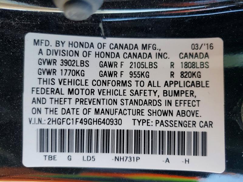 73870115 :رقم المزاد ، 2HGFC1F49GH640930 vin ، 2016 Honda Civic مزاد بيع