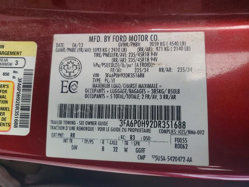 Продаж на аукціоні авто 2013 Ford Fusion, vin: 3FA6P0H92DR351688, номер лоту: 98030585