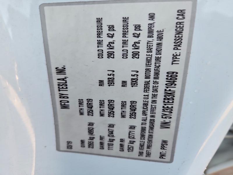 74848345 :رقم المزاد ، 5YJ3E1EB3KF194669 vin ، 2019 Tesla Model 3 مزاد بيع
