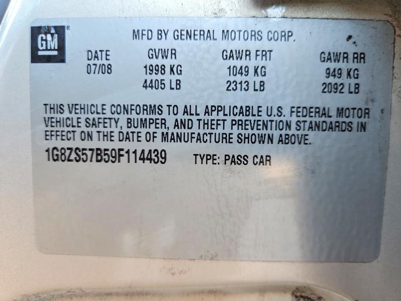 2009 Saturn Aura მანქანა იყიდება აუქციონზე, vin: 1G8ZS57B59F114439, აუქციონის ნომერი: 72692725