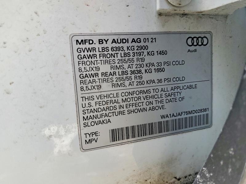 Aukcja sprzedaży 2021 Audi Q7, vin: WA1AJAF75MD028381, numer aukcji: 75192515