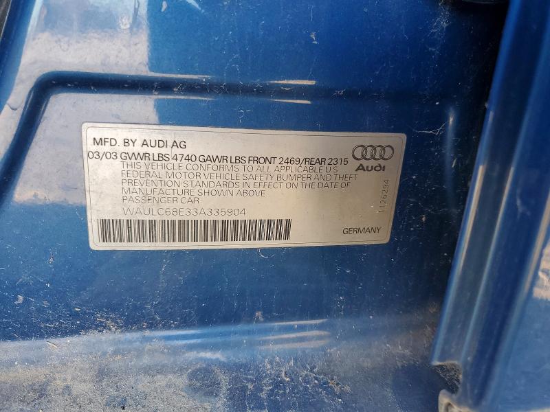 2003 Audi A4 მანქანა იყიდება აუქციონზე, vin: WAULC68E33A335904, აუქციონის ნომერი: 99295075