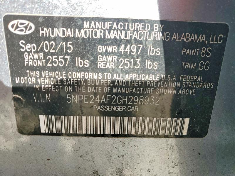 98920225 :رقم المزاد ، 5NPE24AF2GH298932 vin ، 2016 Hyundai Sonata مزاد بيع