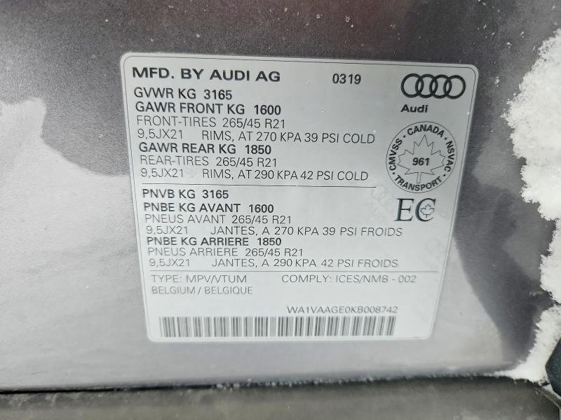 Продаж на аукціоні авто 2019 Audi E-tron, vin: WA1VAAGE0KB008742, номер лоту: 99423245