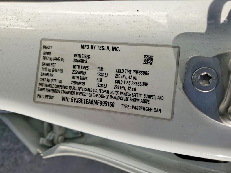 Aukcja sprzedaży 2021 Tesla Model 3, vin: 5YJ3E1EA6MF996160, numer aukcji: 99445775