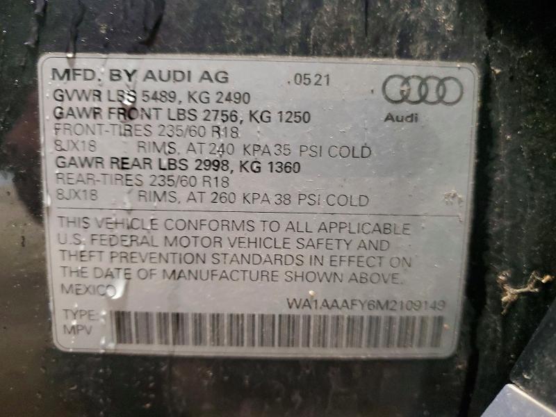 2021 Audi Q5 მანქანა იყიდება აუქციონზე, vin: WA1AAAFY6M2109149, აუქციონის ნომერი: 72486525