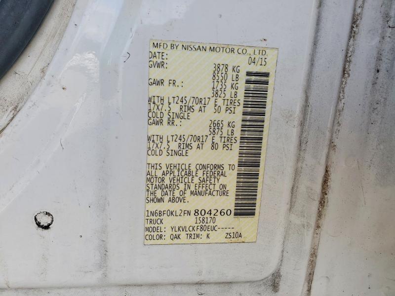 2015 Nissan Nv 1500 მანქანა იყიდება აუქციონზე, vin: 1N6BF0KL2FN804260, აუქციონის ნომერი: 99283585