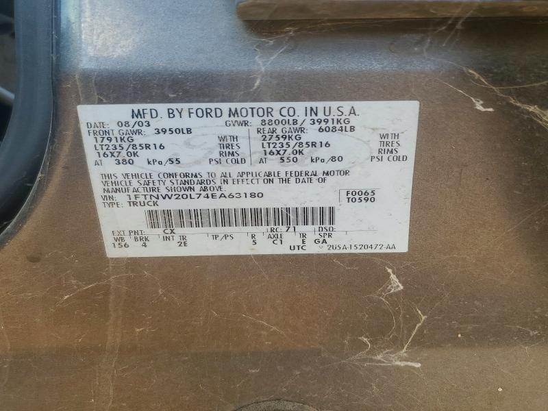 2004 Ford F250 Super მანქანა იყიდება აუქციონზე, vin: 1FTNW20L74EA63180, აუქციონის ნომერი: 72895385