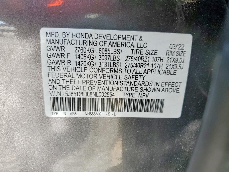 Aukcja sprzedaży 2022 Acura Mdx, vin: 5J8YD8H88NL002554, numer aukcji: 74712685