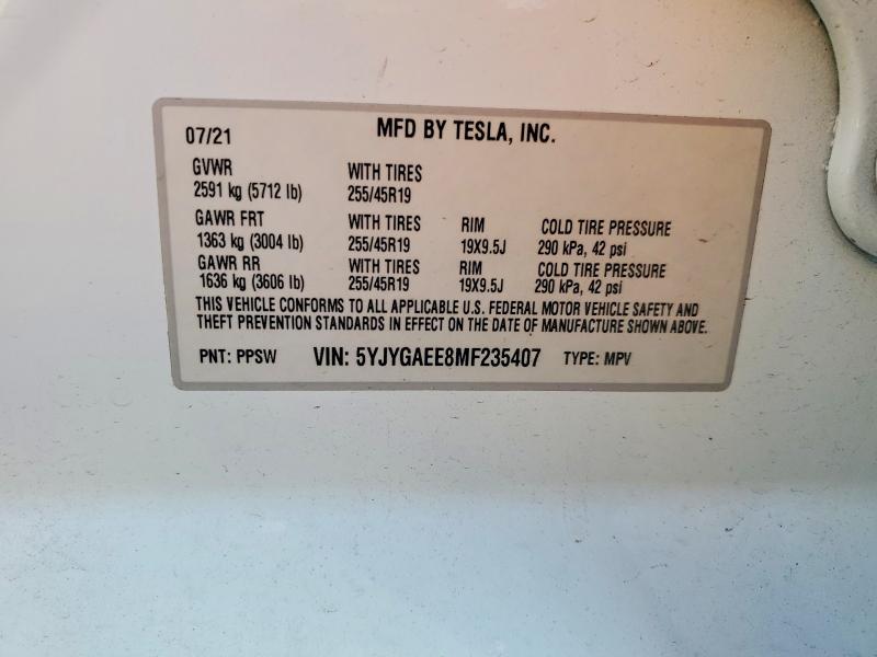 Aukcja sprzedaży 2021 Tesla Model Y, vin: 5YJYGAEE8MF235407, numer aukcji: 47103606