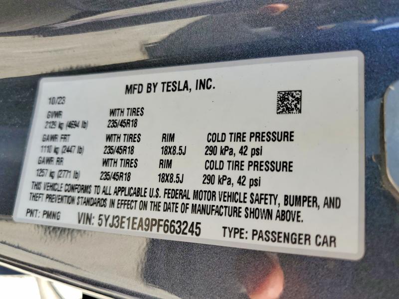 73675695 :رقم المزاد ، 5YJ3E1EA9PF663245 vin ، 2023 Tesla Model 3 مزاد بيع