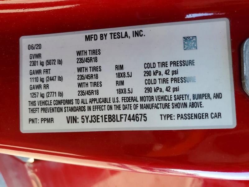 72357855 :رقم المزاد ، 5YJ3E1EB8LF744675 vin ، 2020 Tesla Model 3 مزاد بيع