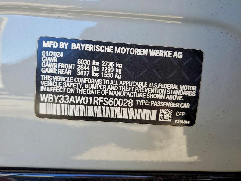 2024 Bmw I4 მანქანა იყიდება აუქციონზე, vin: WBY33AW01RFS60028, აუქციონის ნომერი: 72419805