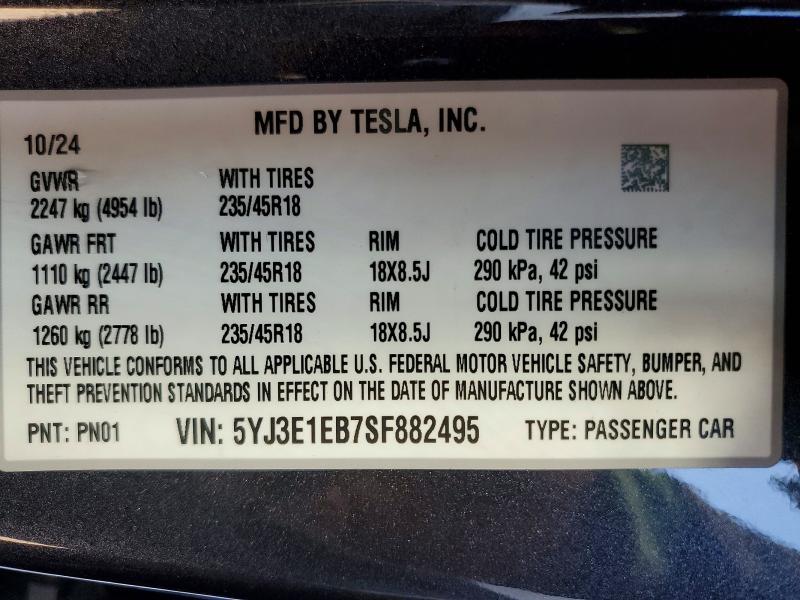Продажа на аукционе авто 2025 Tesla Model 3, vin: 5YJ3E1EB7SF882495, номер лота: 74471935