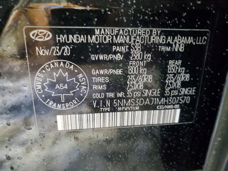 Aukcja sprzedaży 2021 Hyundai Santa Fe, vin: 5NMS3DAJ1MH307570, numer aukcji: 99465845
