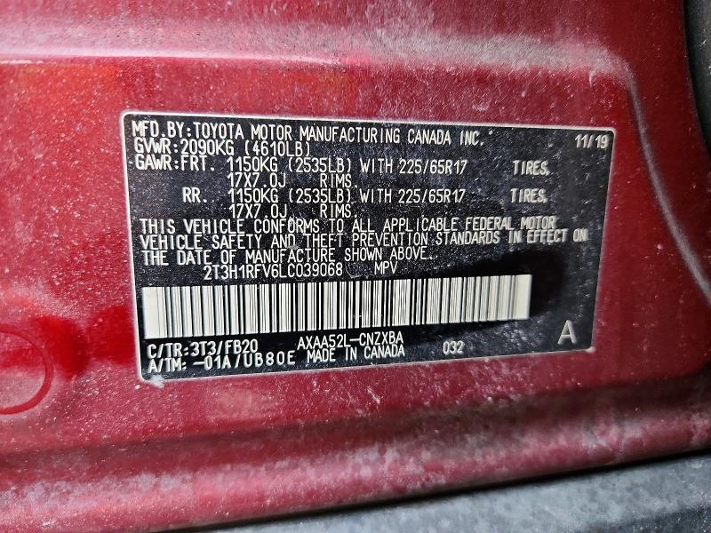 73313825 :رقم المزاد ، 2T3H1RFV6LC039068 vin ، 2020 Toyota Rav4 مزاد بيع